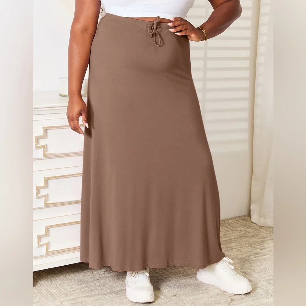 NEW Double Take PLUS + REG Size Flared Tie Waist Ultra Soft Maxi Skirt in Brown - Picture 1 of 4